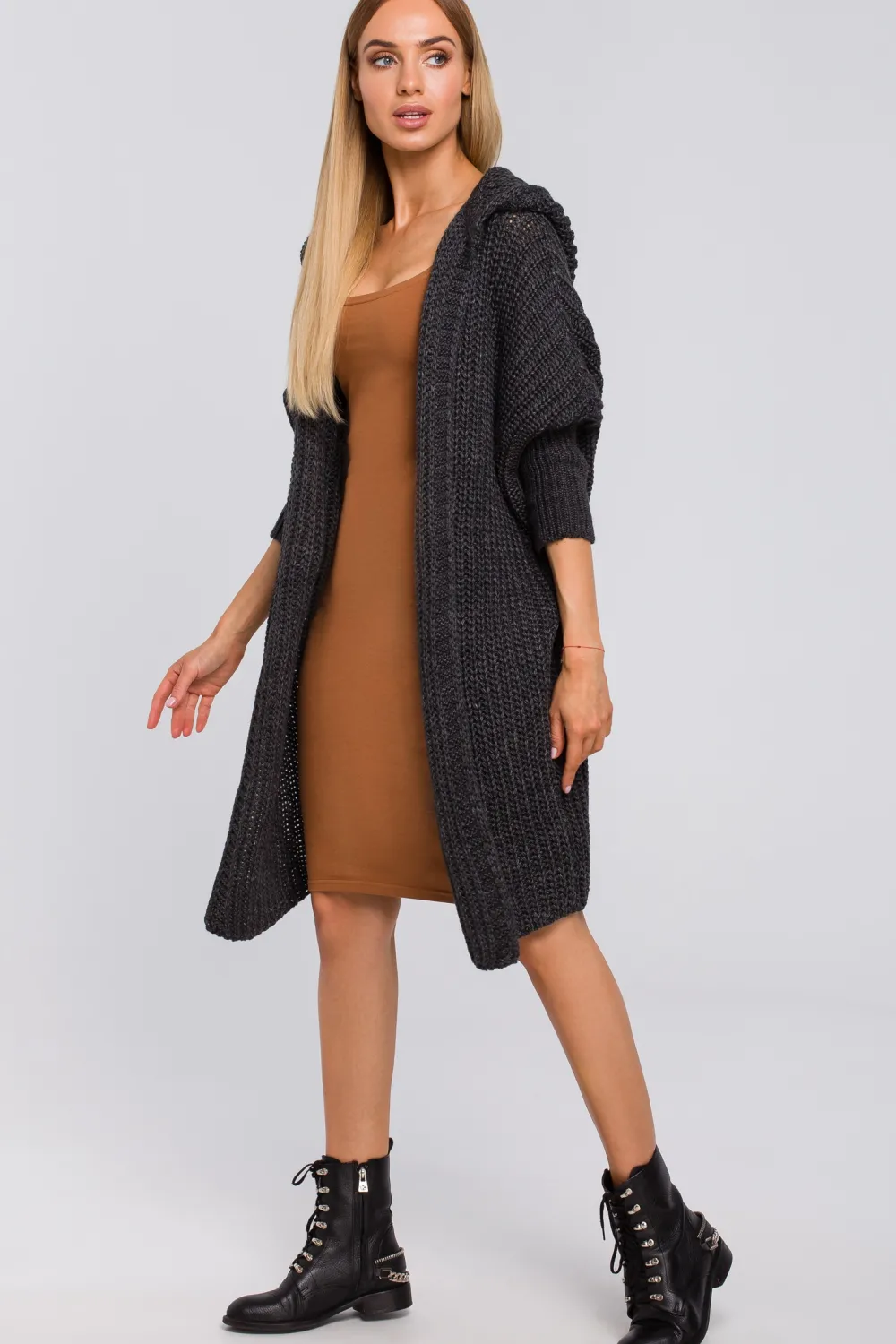 Sale Kardigan oversize z kapturem - grafitowy Swetry