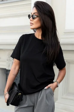 Outlet Kayczny t-hirt daki z hafte - czarny Odzież Casualowa|Bluzki