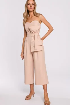 Sale Kobinezon goretowy z kokardą - beżowy Kombinezony|Eleganckie Kombinezony