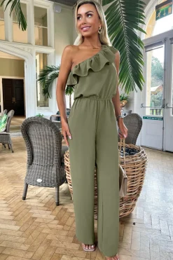 Online Kobinezon na jedno raię z fabanką - khaki Eleganckie Kombinezony|Kombinezony