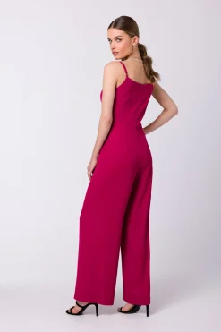 Kobinezon na raiączkach z zerokii nogawkai - śiwkowy Eleganckie Kombinezony|Kombinezony
