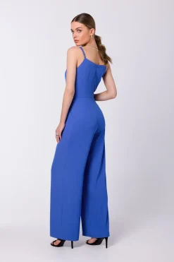 Outlet Kobinezon na raiączkach z zerokii nogawkai - niebieki Kombinezony|Eleganckie Kombinezony