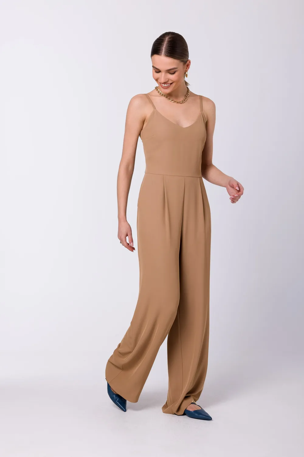 Discount Kobinezon na raiączkach z zerokii nogawkai - beżowy Kombinezony|Eleganckie Kombinezony