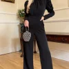 Online Kombinezon ze stójką i bufiastymi rękawami - czarny Eleganckie Kombinezony|Kombinezony