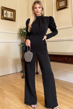 Online Kombinezon ze stójką i bufiastymi rękawami - czarny Eleganckie Kombinezony|Kombinezony