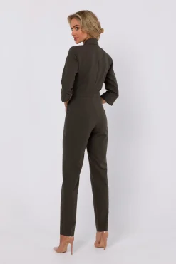 Outlet Kobinezon z kołnierze zaowy - khaki Eleganckie Kombinezony|Kombinezony