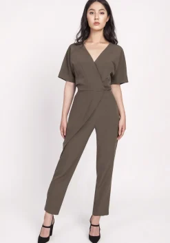 Outlet Kobinezon z ozdobnyi zakładkai - khaki Eleganckie Kombinezony|Kombinezony