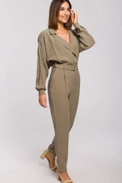 Discount Kombinezon z paskiem - khaki Eleganckie Kombinezony|Kombinezony