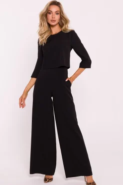 Discount Kobinezon z podwójną górą i zerokii nogawkai – czarny Eleganckie Kombinezony|Kombinezony