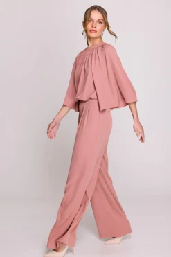Hot Kobinezon z zerokii rękawai i wiązanie z tyłu - różany Eleganckie Kombinezony|Kombinezony