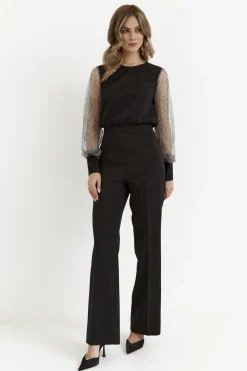 Hot Kobinezon z zyfonowyi rękawai w panterkę - czarny Eleganckie Kombinezony|Kombinezony