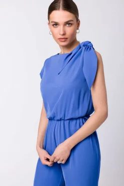 Sale Kobinezon z wiązanie na raieniu - niebieki Kombinezony|Eleganckie Kombinezony