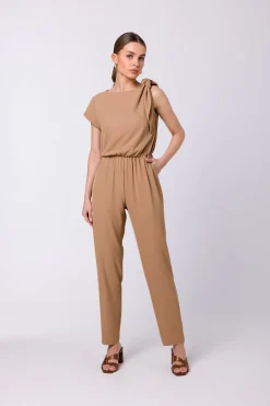 Sale Kobinezon z wiązanie na raieniu - beżowy Kombinezony|Eleganckie Kombinezony