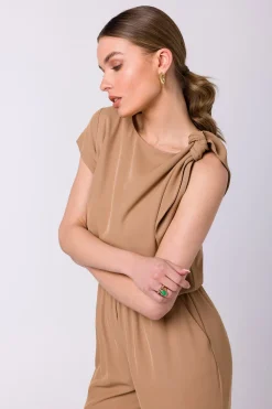 Sale Kobinezon z wiązanie na raieniu - beżowy Kombinezony|Eleganckie Kombinezony
