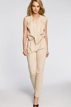 Clearance Kopertowy kombinezon ze zwężanymi nogawkami - beżowy Eleganckie Kombinezony|Kombinezony