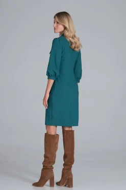 Discount Koszulowa sukienka z kołnierzykiem - zielona Midi|Sukienki