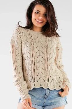 Discount Krótki sweter z okrągłym dekoltem - beżowy Swetry