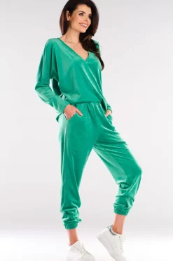 Online Luźna bluza welurowa z dekoltem V - zielona Odzież Casualowa|Bluzy