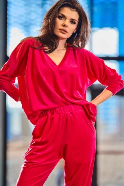 Discount Luźna bluza welurowa z dekoltem V - różowa Odzież Casualowa|Bluzy