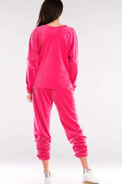 Discount Luźna bluza welurowa z dekoltem V - różowa Odzież Casualowa|Bluzy