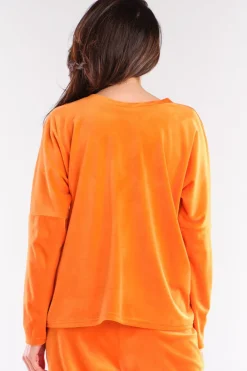 Discount Luźna bluza welurowa z dekoltem V - pomarańczowa Odzież Casualowa|Kolory I Printy Sezonu