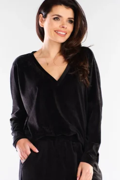 Luźna bluza welurowa z dekoltem V - czarna Odzież Casualowa|Bluzy