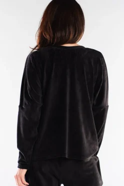 Luźna bluza welurowa z dekoltem V - czarna Odzież Casualowa|Bluzy