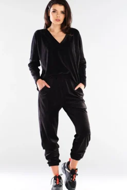 Luźna bluza welurowa z dekoltem V - czarna Odzież Casualowa|Bluzy