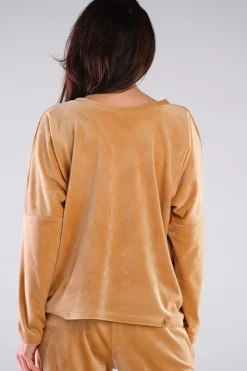 Outlet Luźna bluza welurowa z dekoltem V - beżowa Odzież Casualowa|Bluzy