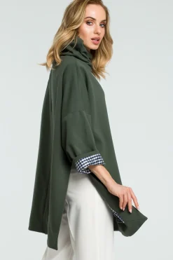Outlet Luźna bluza z wysokim kołnierzem - militarno-zielona OUTLET Bluzy