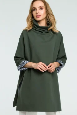 Outlet Luźna bluza z wysokim kołnierzem - militarno-zielona Bluzy