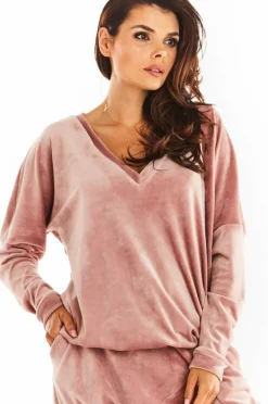 Hot Luźna prosta bluzka z dekoltem w serek - różowa Odzież Casualowa|Bluzy