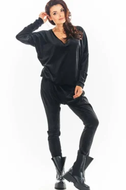 Online Luźna prosta bluzka z dekoltem w serek - czarna Odzież Casualowa|Bluzy
