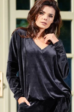Online Luźna prosta bluzka z dekoltem w serek - czarna Odzież Casualowa|Bluzy