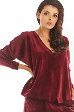 Sale Luźna prosta bluzka z dekoltem w serek - bordowa Odzież Casualowa|Bluzy