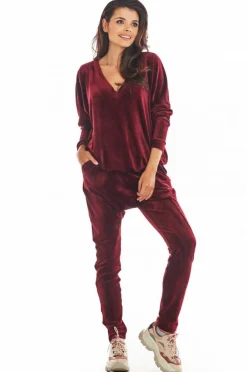 Sale Luźna prosta bluzka z dekoltem w serek - bordowa Odzież Casualowa|Bluzy