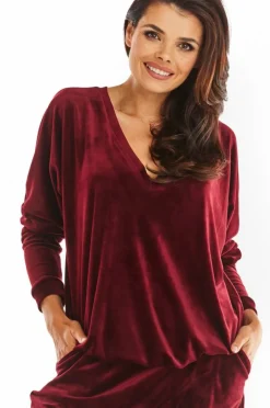 Sale Luźna prosta bluzka z dekoltem w serek - bordowa Odzież Casualowa|Bluzy