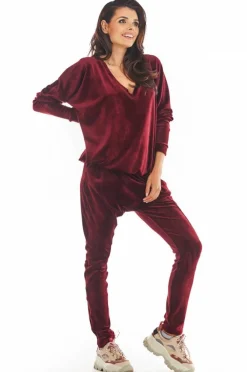 Sale Luźna prosta bluzka z dekoltem w serek - bordowa Odzież Casualowa|Bluzy