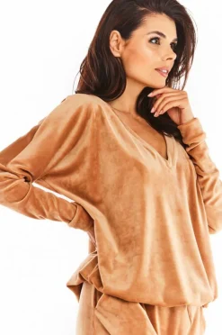 Hot Luźna prosta bluzka z dekoltem w serek - beżowa Odzież Casualowa|Bluzy