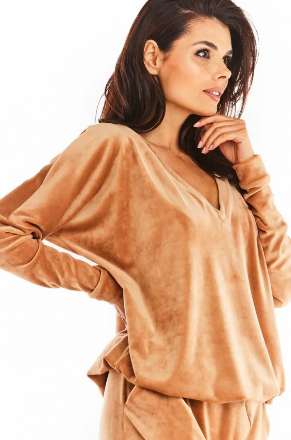 Hot Luźna prosta bluzka z dekoltem w serek - beżowa Odzież Casualowa|Bluzy