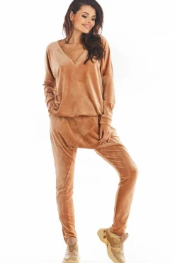Hot Luźna prosta bluzka z dekoltem w serek - beżowa Odzież Casualowa|Bluzy