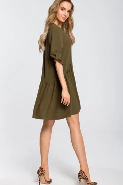 New Luźna sukienka rozkloszowana - khaki Sukienki Koktajlowe|Sukienki
