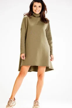 Sale uźna ukienka trapezowa z półgofe - khaki Sukienki Dzianinowe|Sukienki