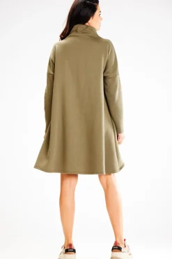 Sale uźna ukienka trapezowa z półgofe - khaki Sukienki Dzianinowe|Sukienki
