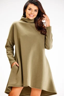 Sale uźna ukienka trapezowa z półgofe - khaki Sukienki Dzianinowe|Sukienki