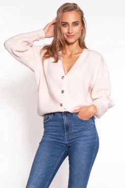 Discount Luźny krótki kardigan z guzikami - różowy Swetry