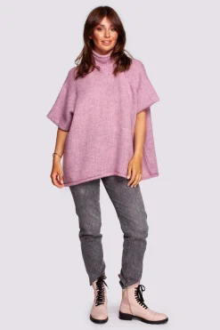 New Luźny sweter typu ponczo - pudrowy Swetry