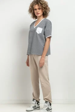 Clearance uźny t-hirt z dekote V - biało-czarny Odzież Casualowa|Dobry Skład