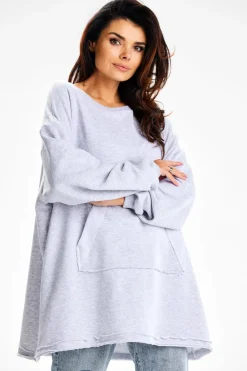 Online Obszerna bluza damska z kieszenią kangurek - szara Odzież Casualowa|Dobry Skład