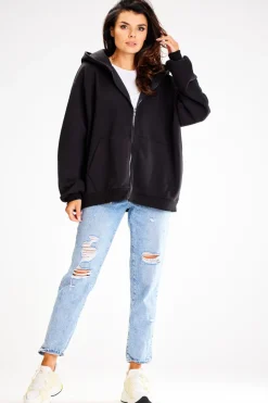 Outlet Obszerna bluza zasuwana na zamek - czarna Odzież Casualowa|Bluzy